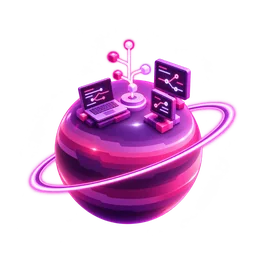 Ilustrace: planeta s notebookem a stromem kódu — developer tools