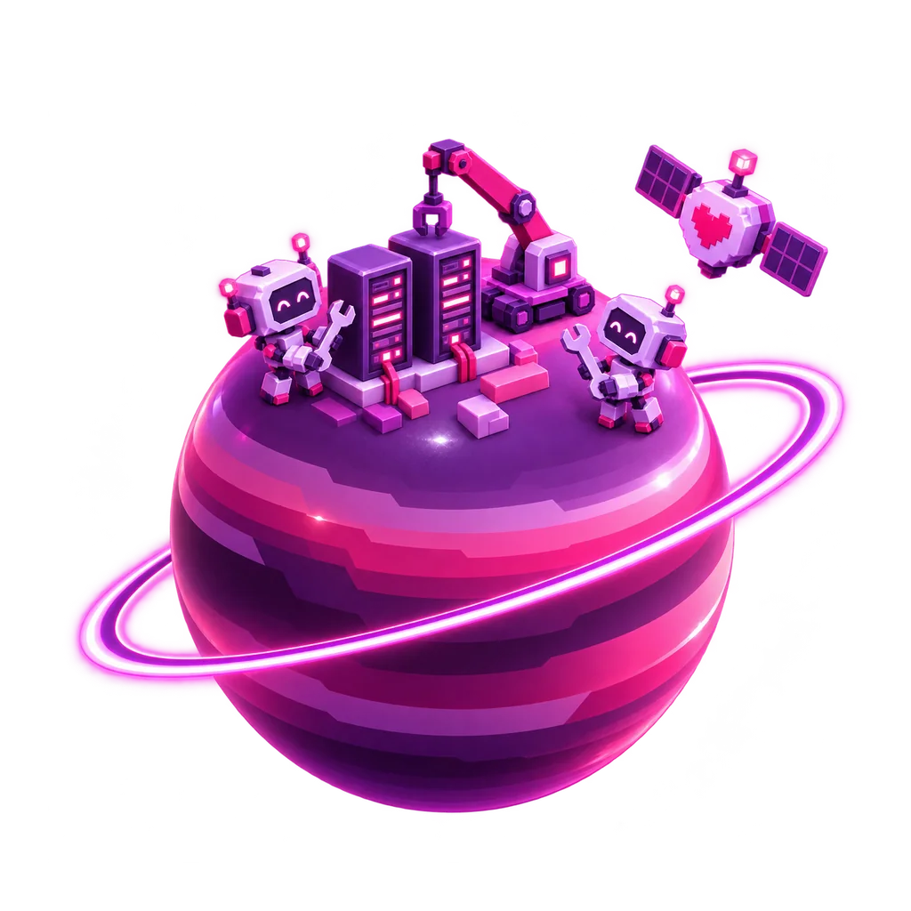 Ilustrace: planeta s roboty pečujícími o servery — managed hosting