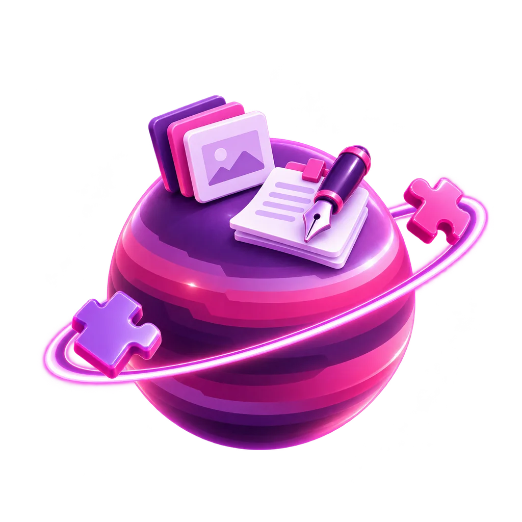 Ilustrace: planeta s pluginy a blogovými stránkami — WordPress hosting